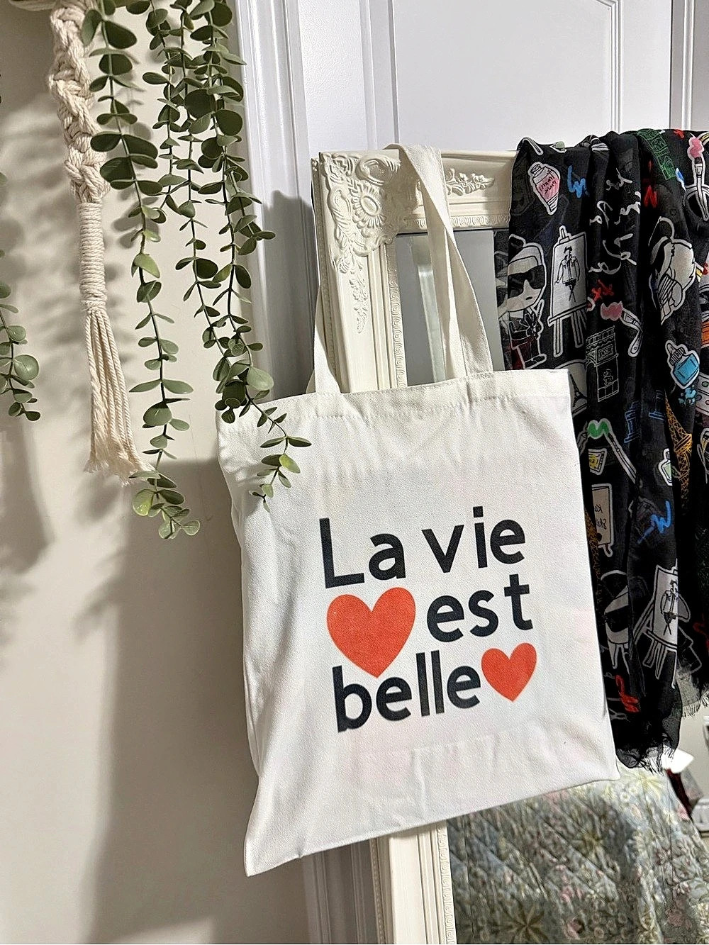 La Vie est Belle Canvas Tote Bag White & Red